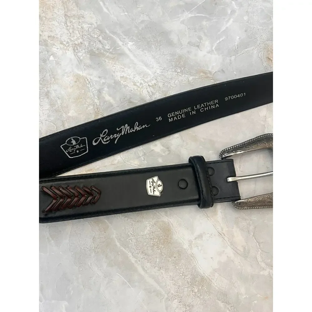Vintage Larry Mahan Black Genuine Tooled Leather Rodeo Belt Size 36